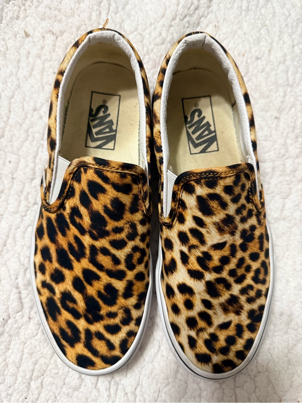 Vans  Women’s Slip-On Sneakers in Leopard Print Tan and Black